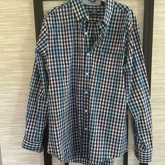 NWT Izod premium essentials blue plaid, checkered button down shirt, m - Picture 3 of 4